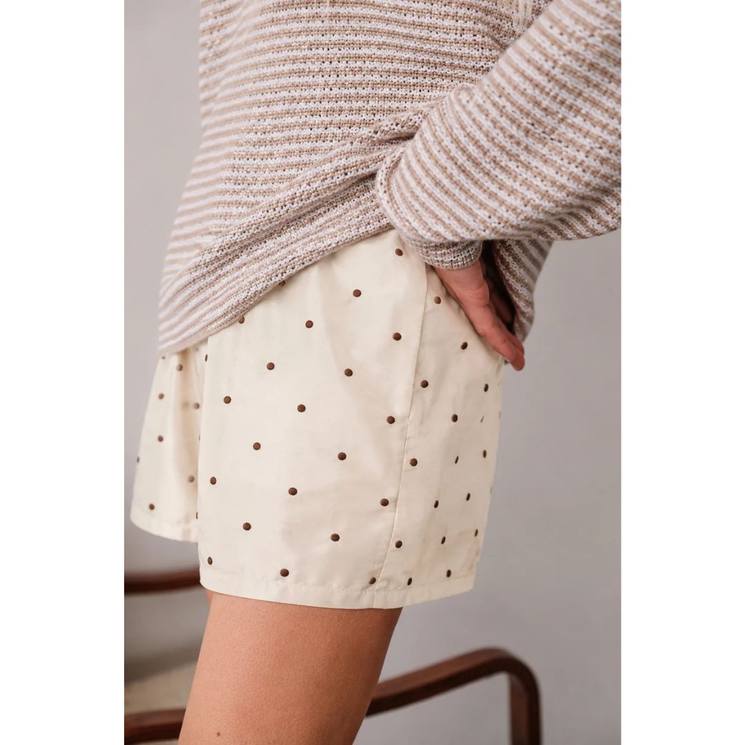 Donni Taffeta Cream Walnut Polka Dot Silk Short