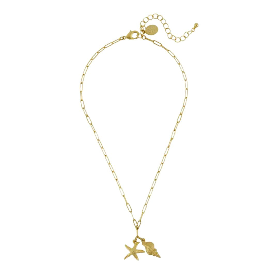 Gold Starfish & Spiral Shell Paperclip Chain Necklace