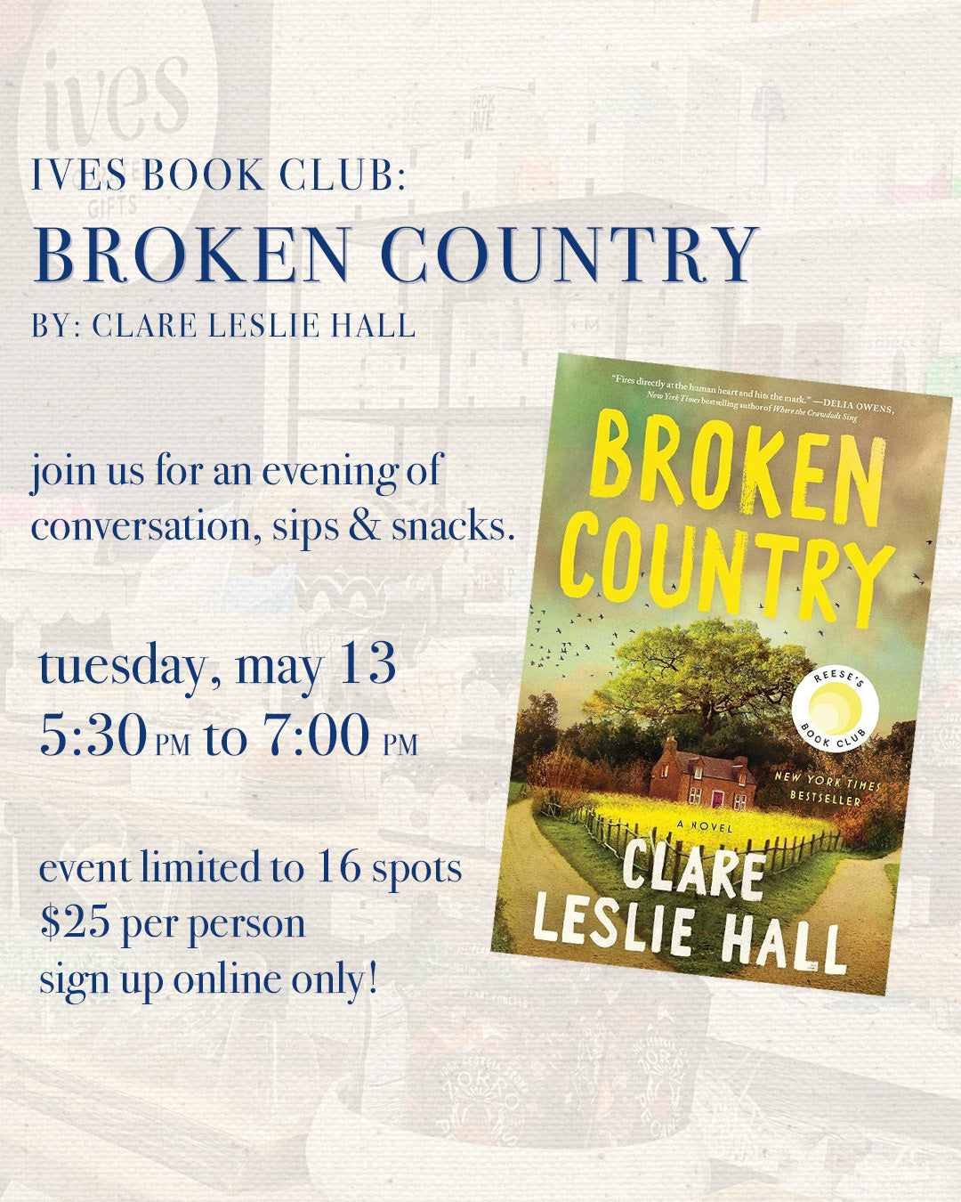Ives Book Club: Broken Country (Book NOT Included)