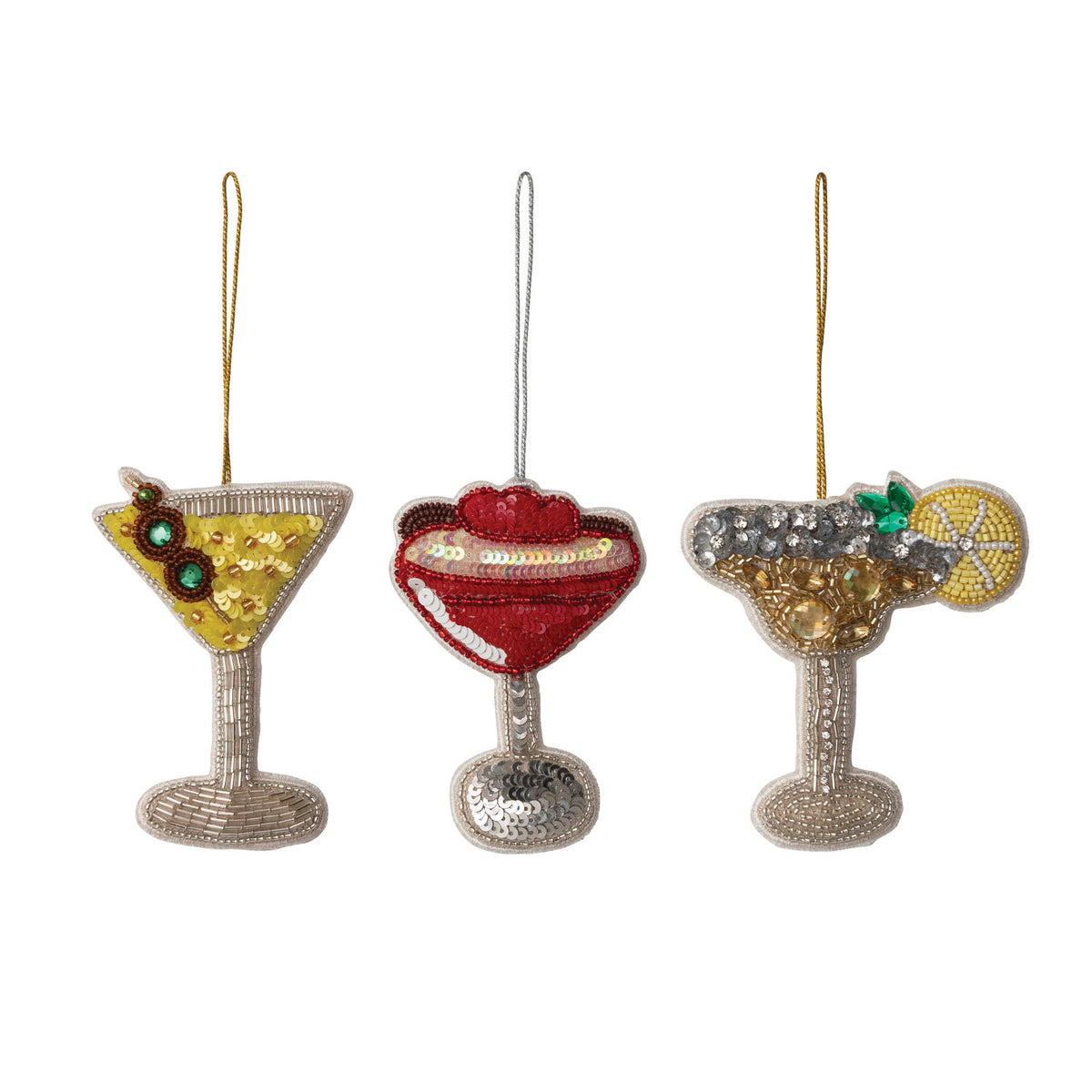 Handmade Beaded Fabric Cocktail Ornament with Embroidery & Sequins, 3 Styles