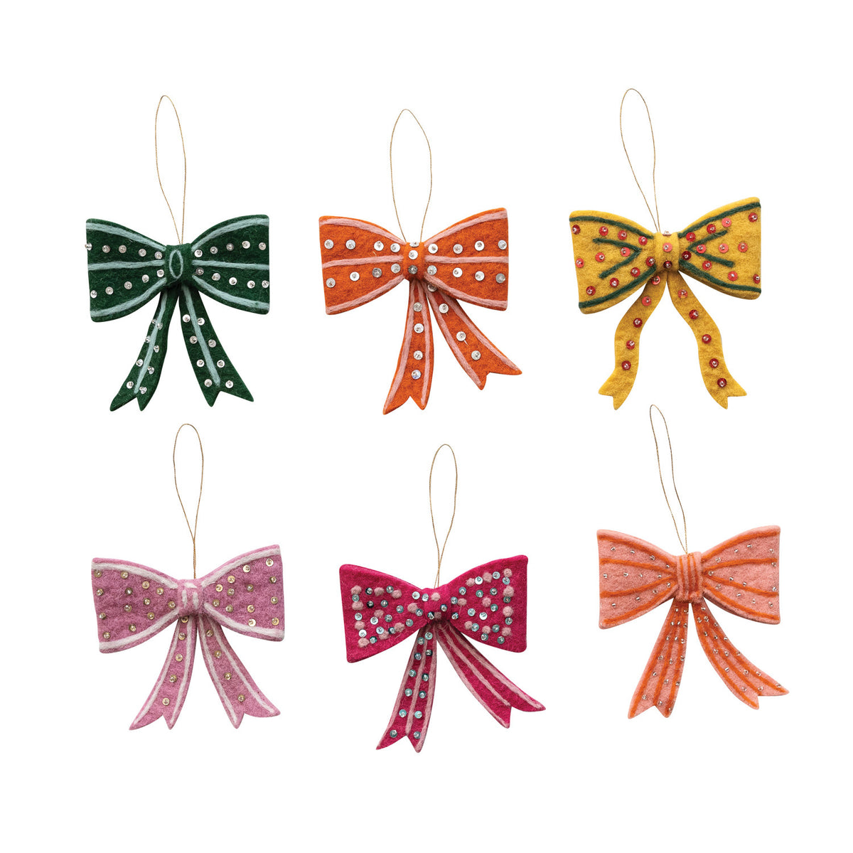 Handmade Wool Felt Bow Ornament with Embroidery, Sequins & Beads, 6 Styles
