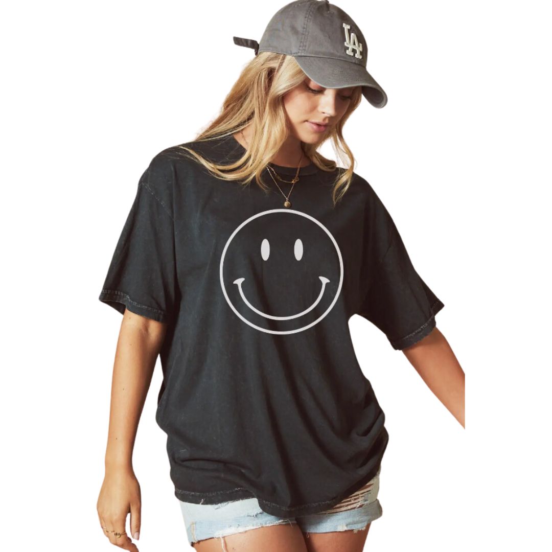 Smiley Face Oversized Mineral Washed Graphic Top
