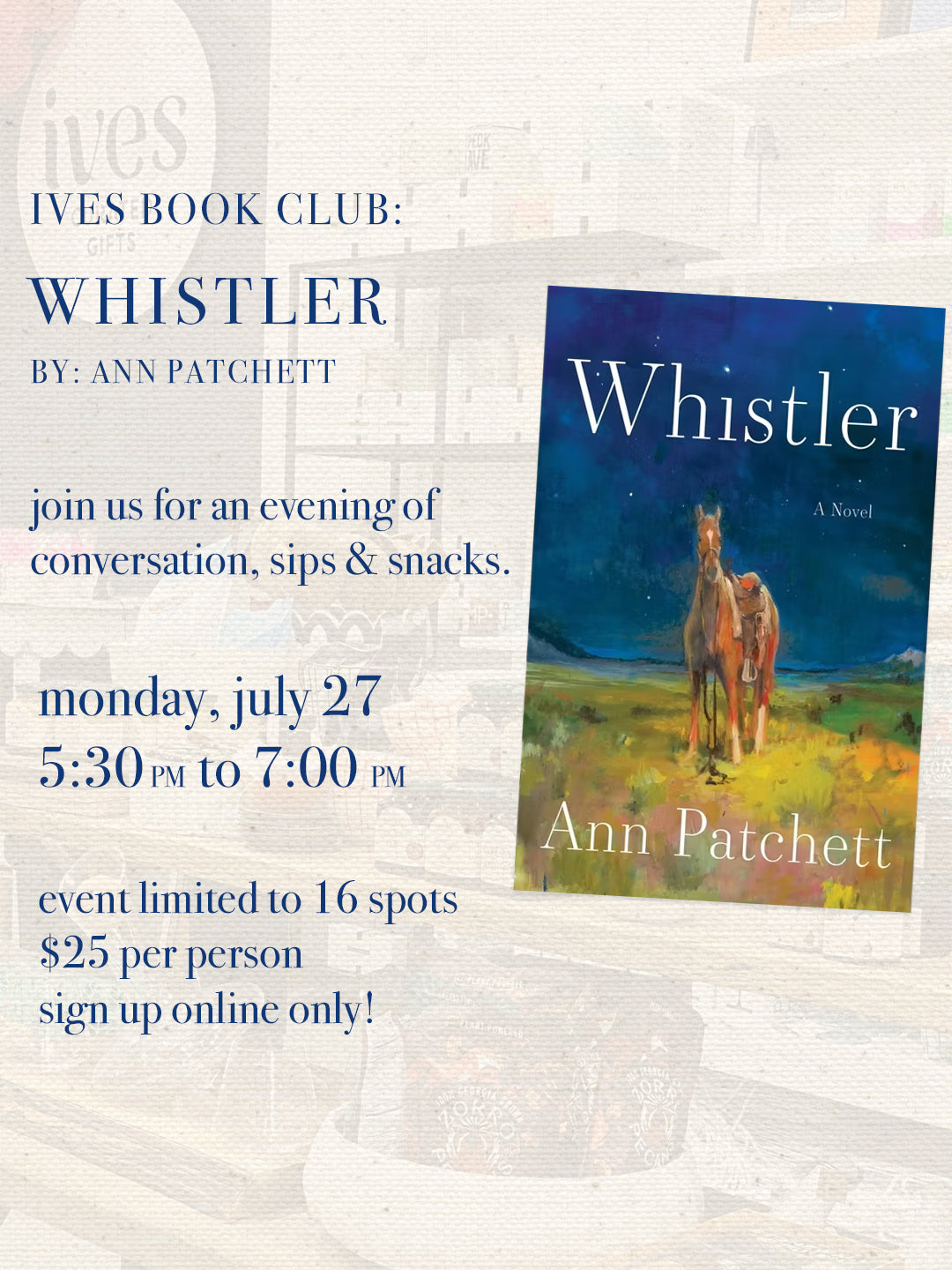 Ives Book Club: Whistler by Ann Patchett