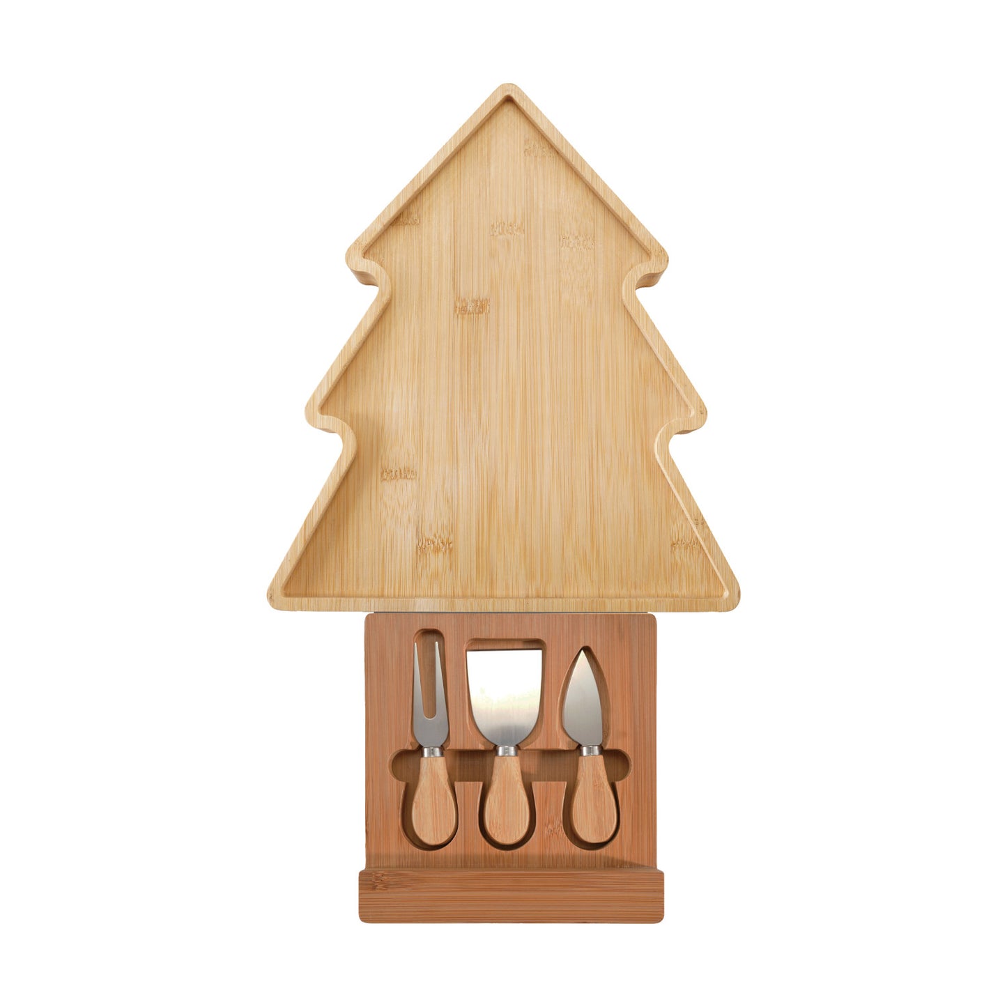 Bamboo Tree Shaped Cheese/Serving Board with Sliding Inset Cheese Knives, Set of 4