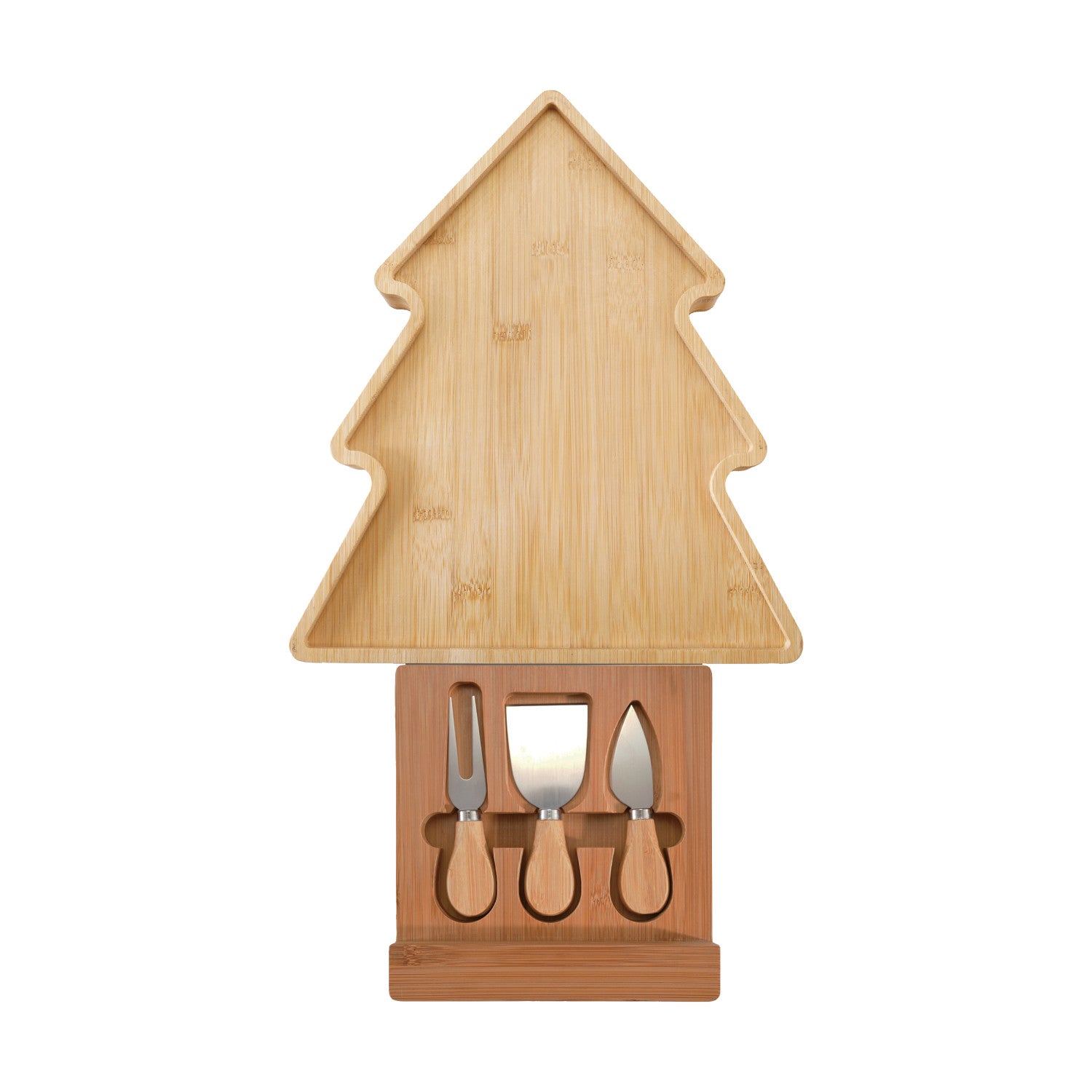 Bamboo Tree Shaped Cheese/Serving Board with Sliding Inset Cheese Knives, Set of 4